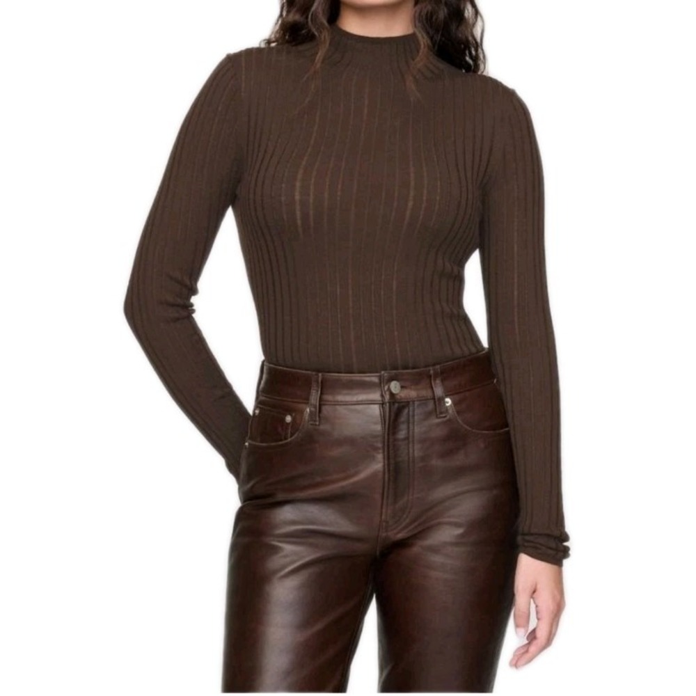 Cult Gaia x Gap Women's Varma Sheer Rib Knit Wool Sweater Mock Neck Brown L $298